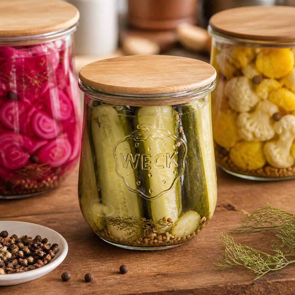 WECK tulpenpot RR100 1062ml met houten deksel gevuld met ingemaakte augurken en dille op een houten tafel met kruiden