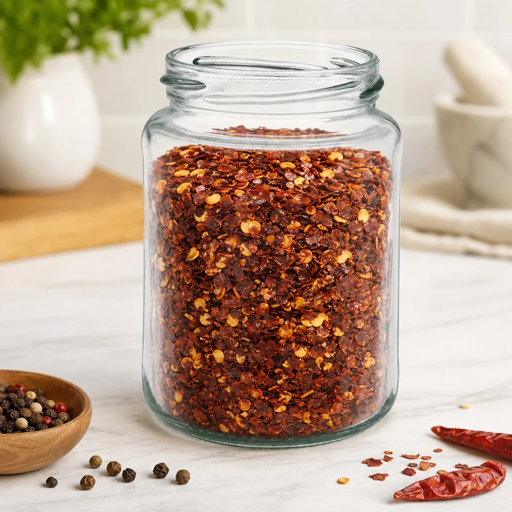 382ml rond glas zonder deksel (TO66) UNiTWIST UNiTWIST Runda382 rond glas 382ml TO66 gevuld met chilikruidenmix in lichte keuken op marmeren tafel