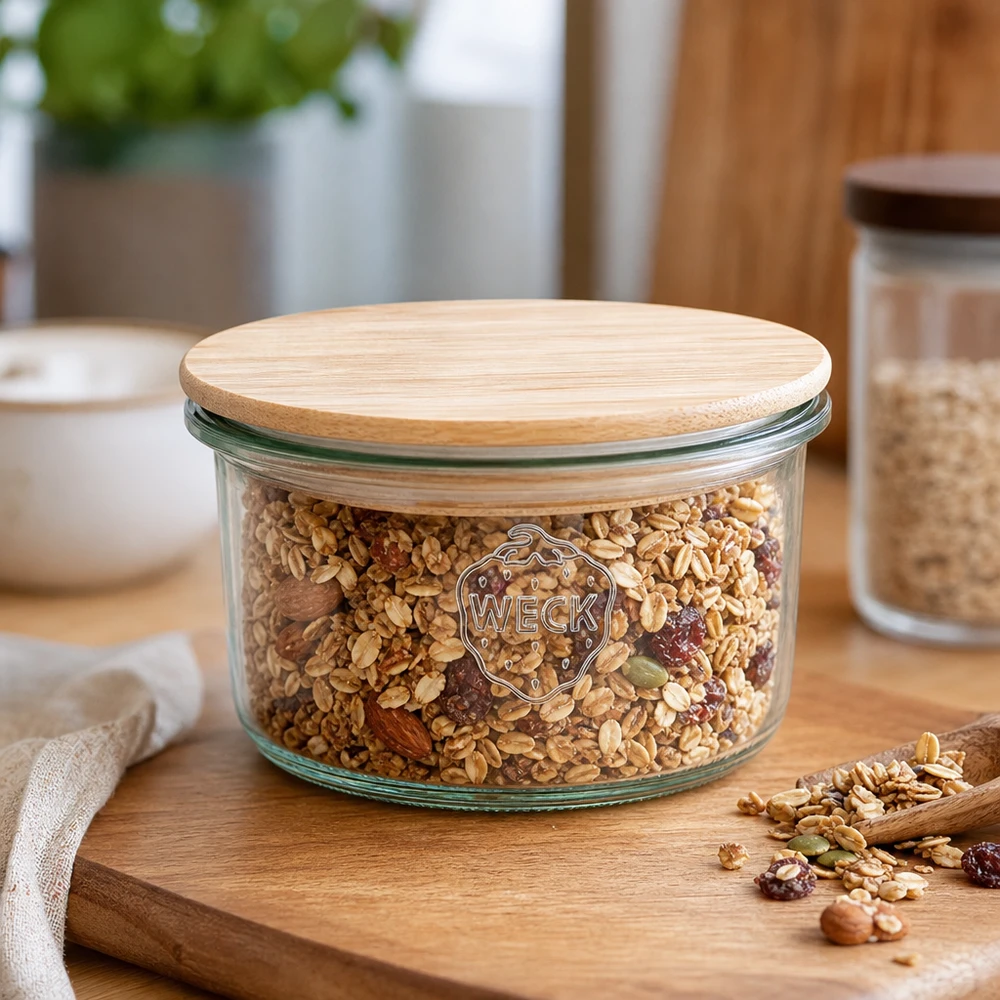 WECK RR80 165ml mason jar met bamboe deksel gevuld met muesli mix op een houten plank in een moderne keuken