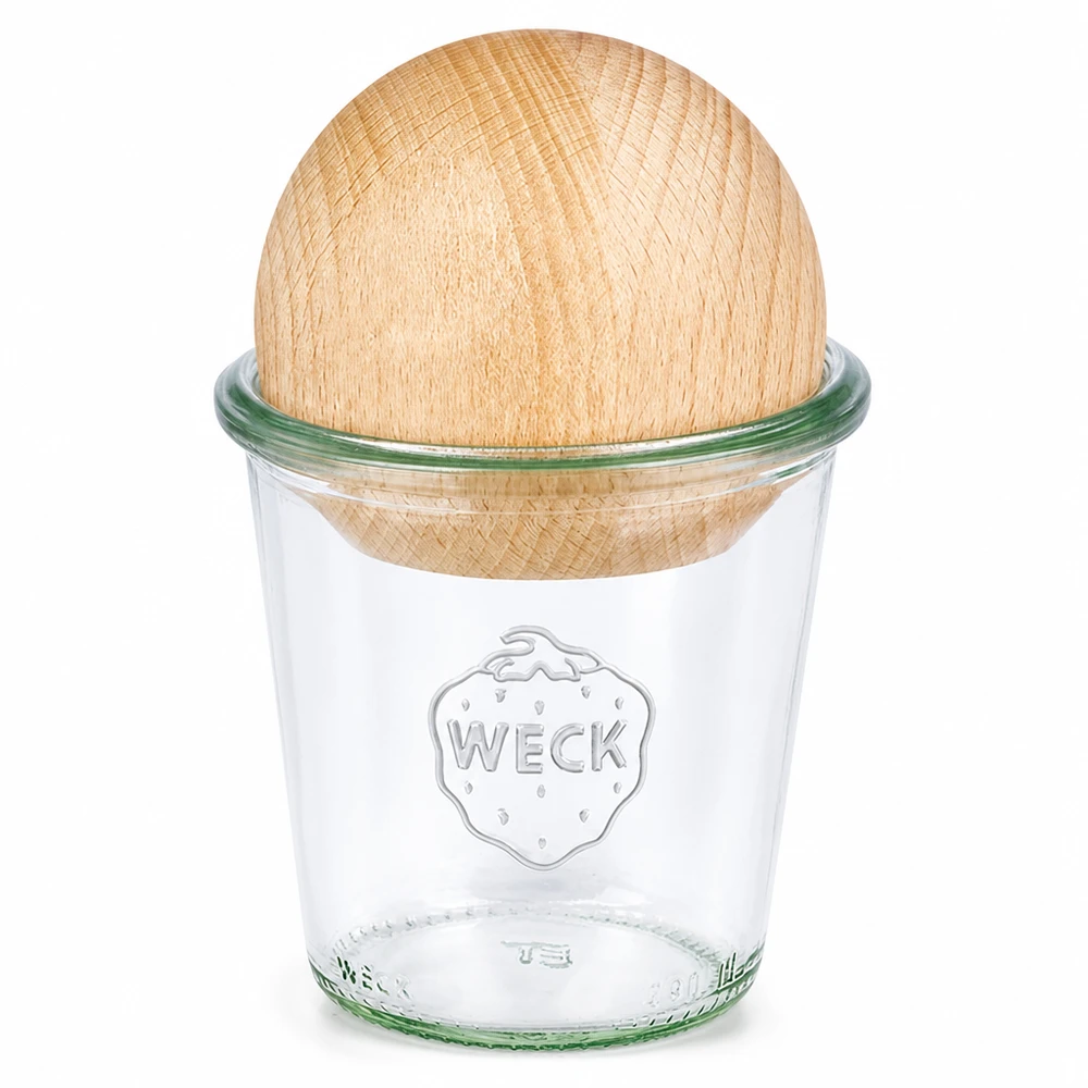 290ml stortglas hoge WECK RR80 met houten bal WECK tuimelpot 290ml RR80 met beukenhouten bol houten deksel inmaakpot transparant