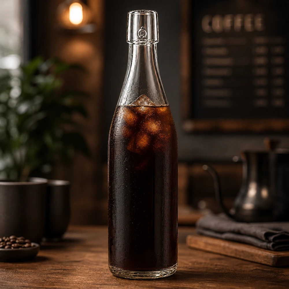 500 ml glazen fles zonder draaidop UNiTWIST 500ml UNiTWIST Glasflasche mit Cold Brew Kaffee befüllt und Eiswürfeln in stylischer Café-Atmosphäre