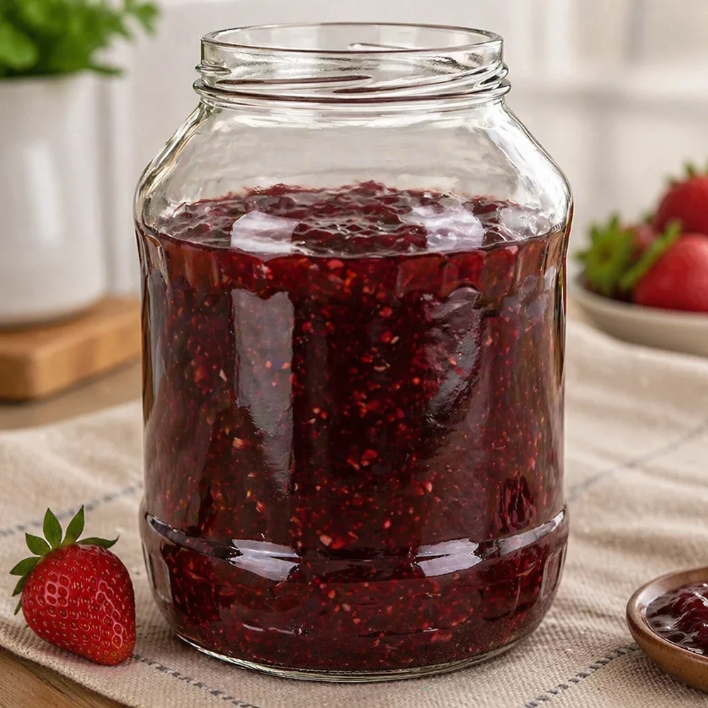 Bollenpot 2650ml gevuld met aardbeienjam UNiTWIST Runda2650 inmaakpot TO100 schroefdraad Toepassingsvoorbeeld
