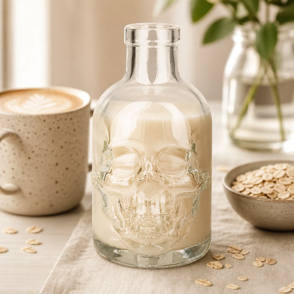 200 ml glazen fles Jack zonder sluiting UNiTWIST® 200ml glazen fles jack schedel ontwerp gevuld met havermelk lifestyle scene koffiekopje keuken sfeer