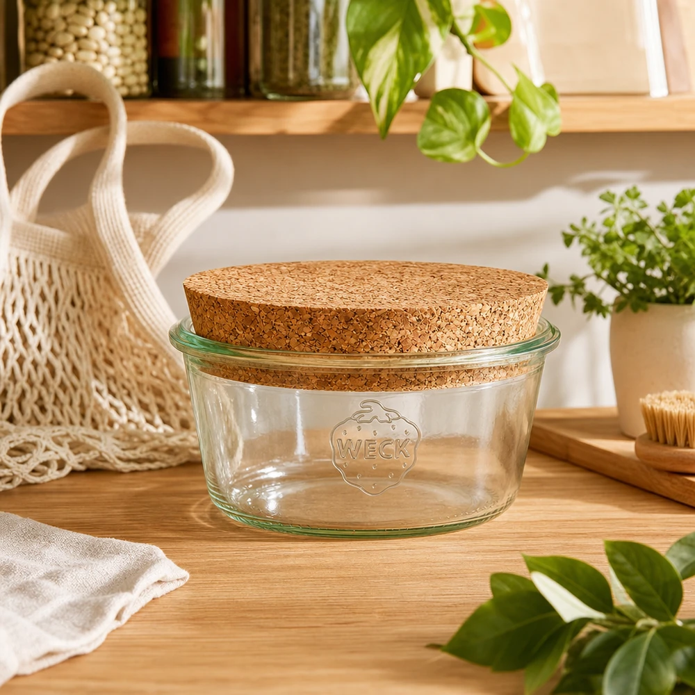 WECK voorraadpot 290ml RR100 met kurkdeksel in duurzame zero-waste keuken met planten en gaaszakje