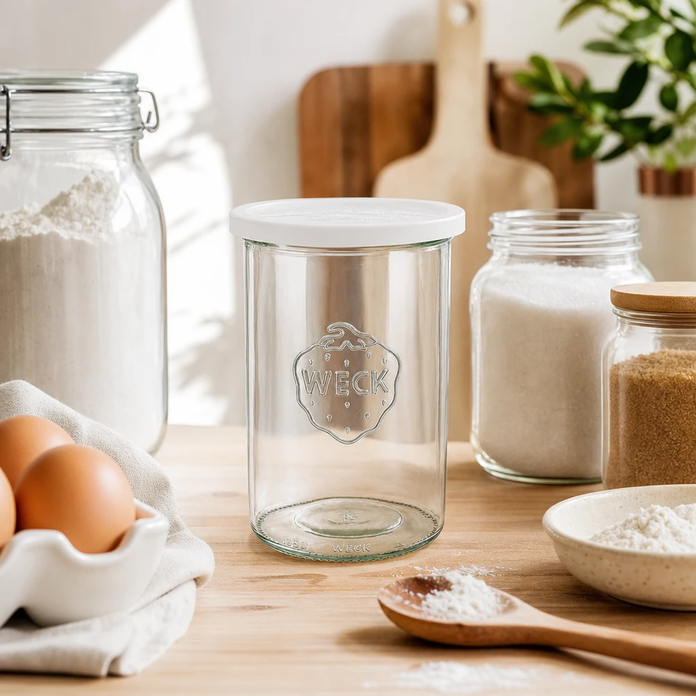 WECK tuimelpot 1000ml RR100 lege inmaakpot met vers deksel tussen bloem eieren en keukengerei toont bak accessoires
