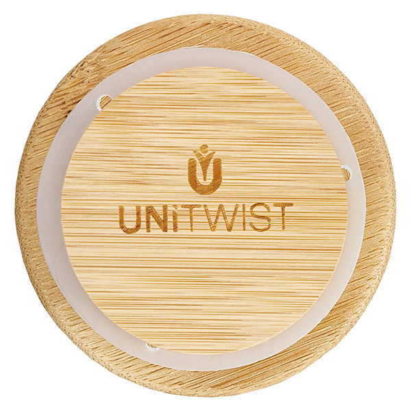 Houten deksel WECK RR60 UNITWIST houten deksel RR60 bovenaanzicht met lasergegraveerd logo en transparante siliconen afsluitring voor WECK potten