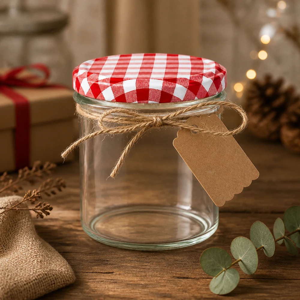 350ml bekers met BasicSeal deksel rood/wit UNiTWIST 350 ml bekers als geschenkverpakking met jute koord en label, rood en wit geblokt deksel, versierd voor Kerstmis