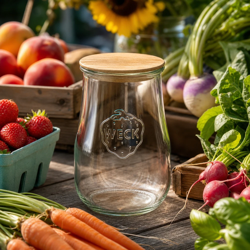 WECK tulpenpot 1750ml met bamboe deksel op houten tafel omringd door verse groenten, fruit en kruiden, boerenkeuken