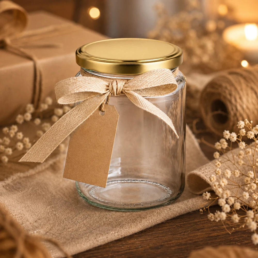 Honingpot 450 g met gouden deksel BasicSeal UNiTWIST 450g honingpot leeg met lint en cadeaulabel rustieke decoratie BasicSeal pot als geschenkverpakking