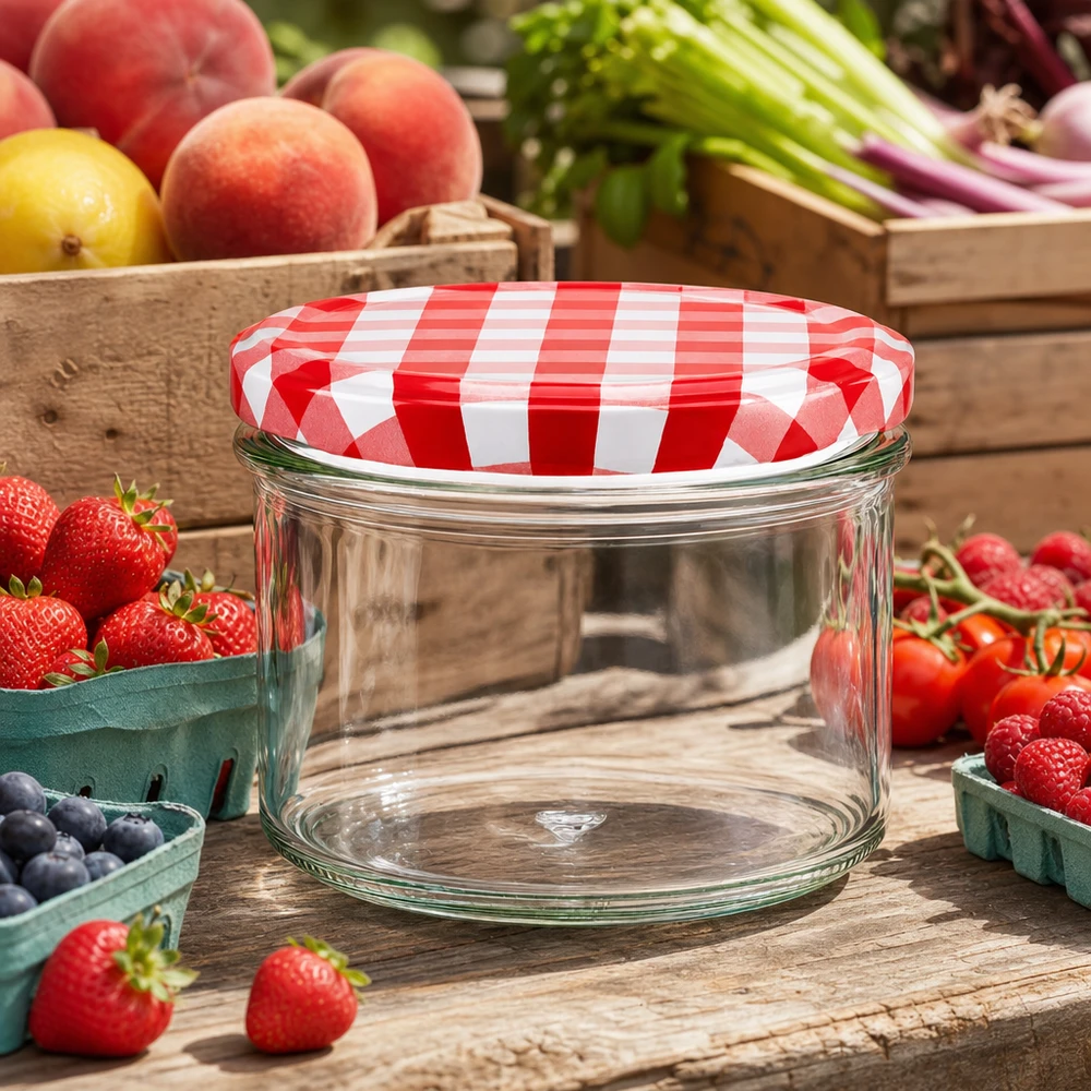 225ml bekers met BasicSeal deksel rood/wit UNiTWIST Lege bekers van 225 ml met rood en wit geblokt BasicSeal deksel omringd door vers fruit en groenten om te bewaren