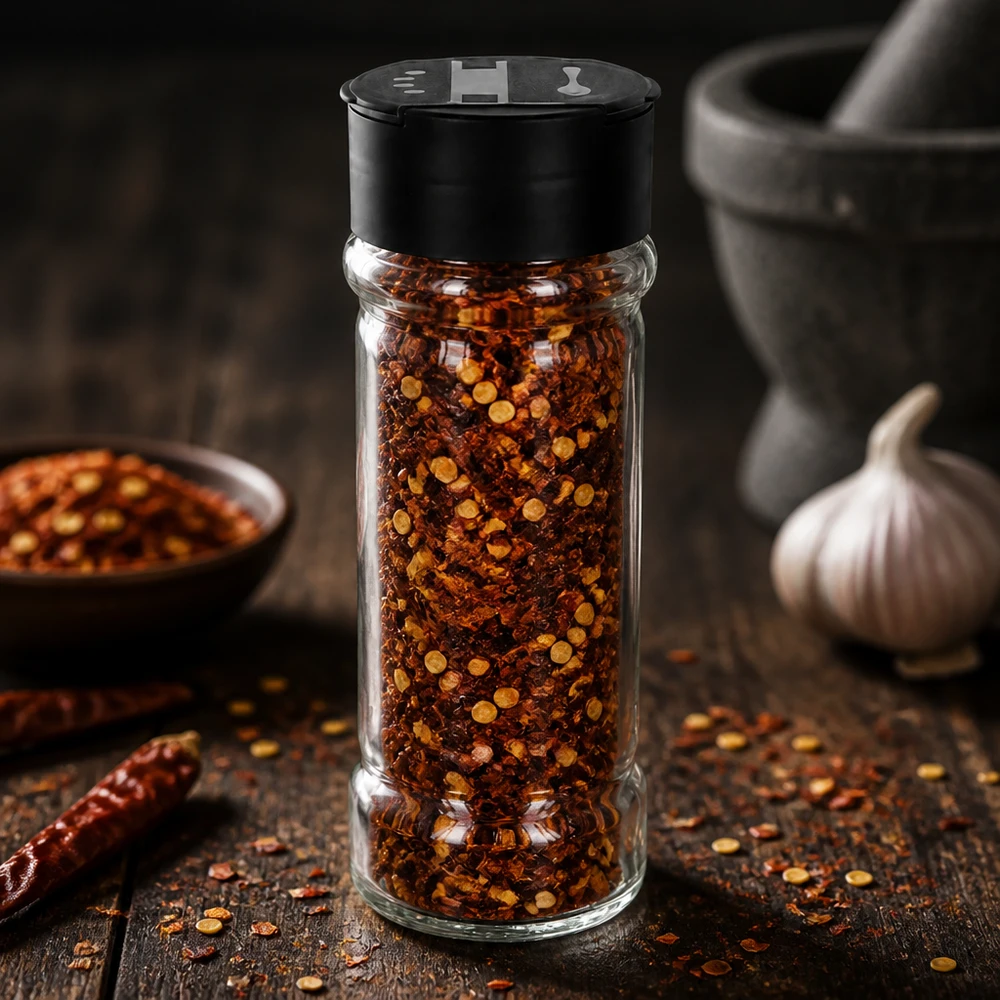 Kruidenstrooier van 100 ml glas met chilivlokken naast knoflook en een vijzel op donker hout