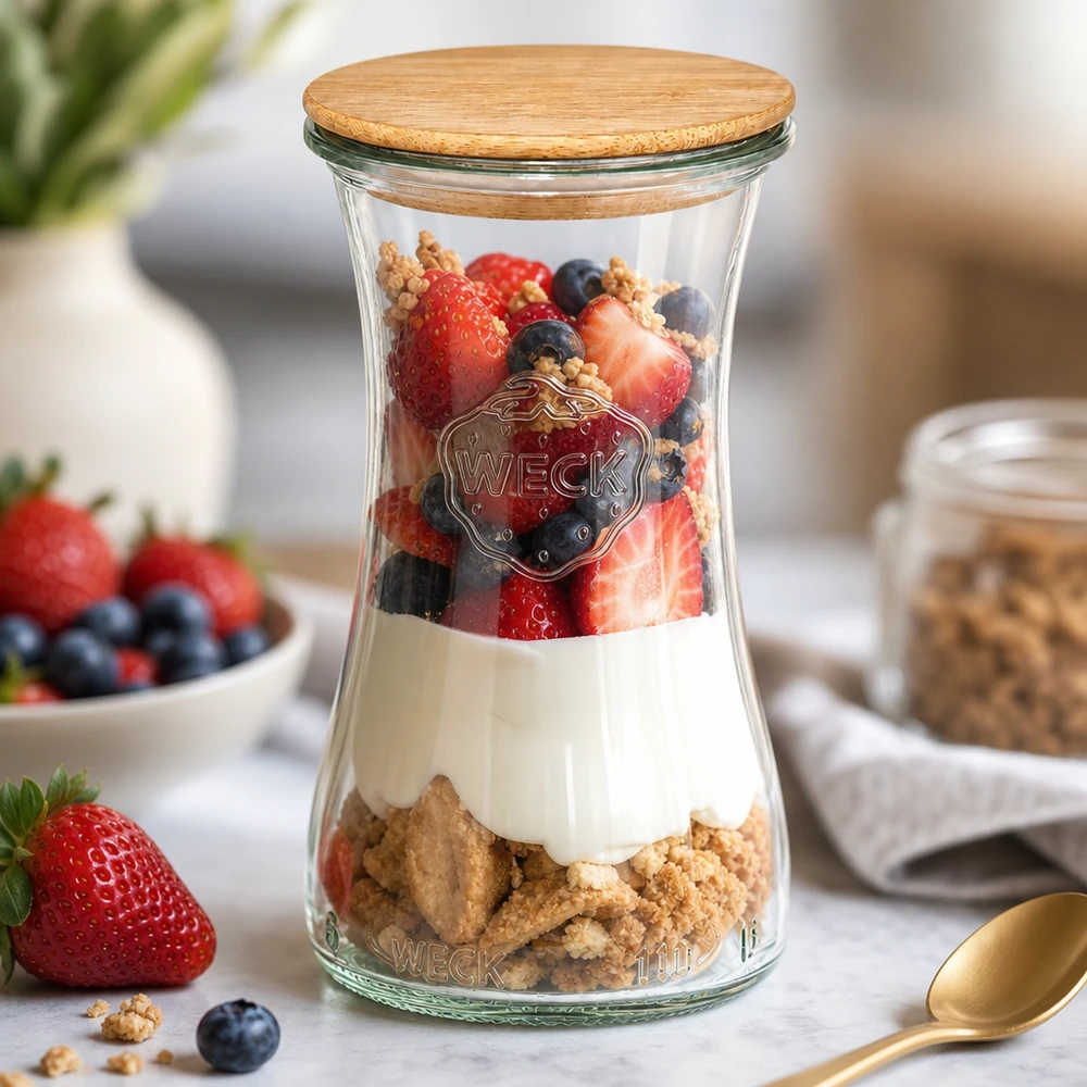WECK inmaakpot 100ml RR40 met bamboe deksel als dessertpot voor yoghurt gevuld met bessen en granola