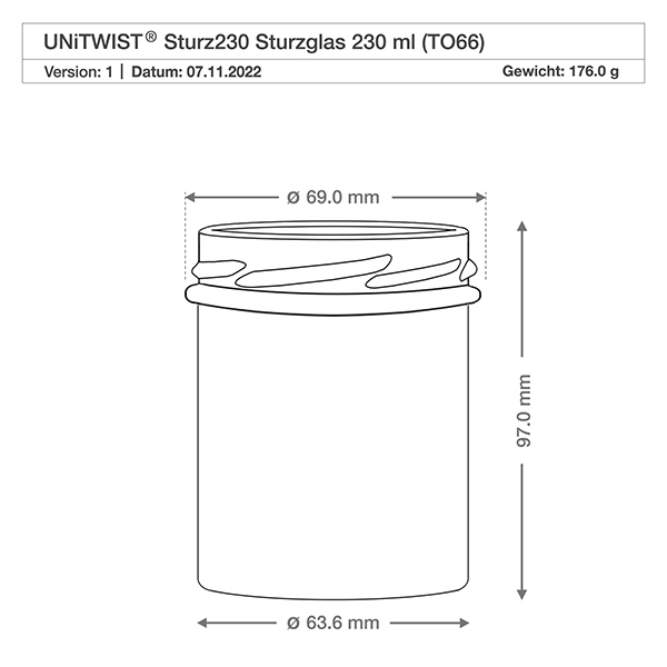 230ml beker zonder deksel (TO66) UNiTWIST UNITWIST Sturz230 beker 230ml TO66 technische tekening met afmetingen 69mm diameter 97mm hoogte gewicht 176g