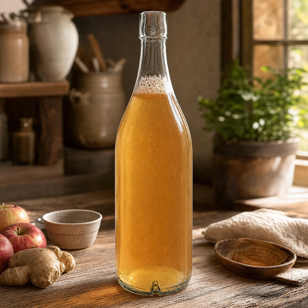 1000ml glazen fles zonder draaidop UNiTWIST 1000ml glazen fles UNiTWIST met gouden inhoud op een houten tafel naast appels en gember in een rustieke keuken