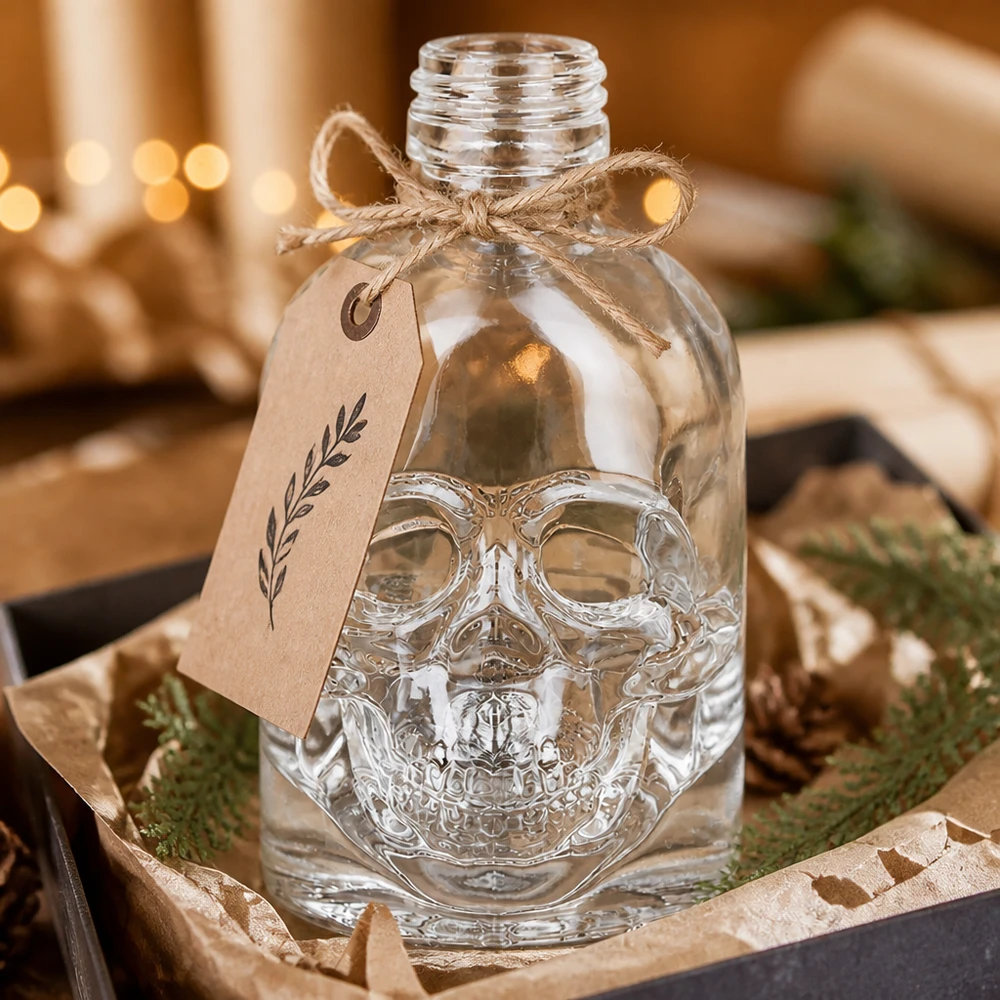 50 ml glazen fles Hector zonder schroefsluiting UNiTWIST® 50ml Totenkopf Glasflasche Hector als Geschenk dekoriert mit Anhänger und Bast in rustikaler Holzbox UNiTWIST