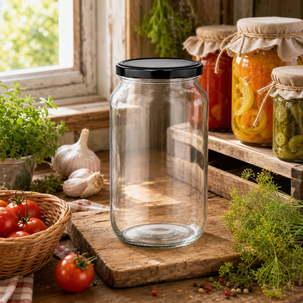 1062ml rond glas met BasicSeal deksel zwart UNiTWIST 1062 ml ronde pot met BasicSeal deksel in rustiek keukendesign - veelzijdige inmaakpot voor jam en conserven