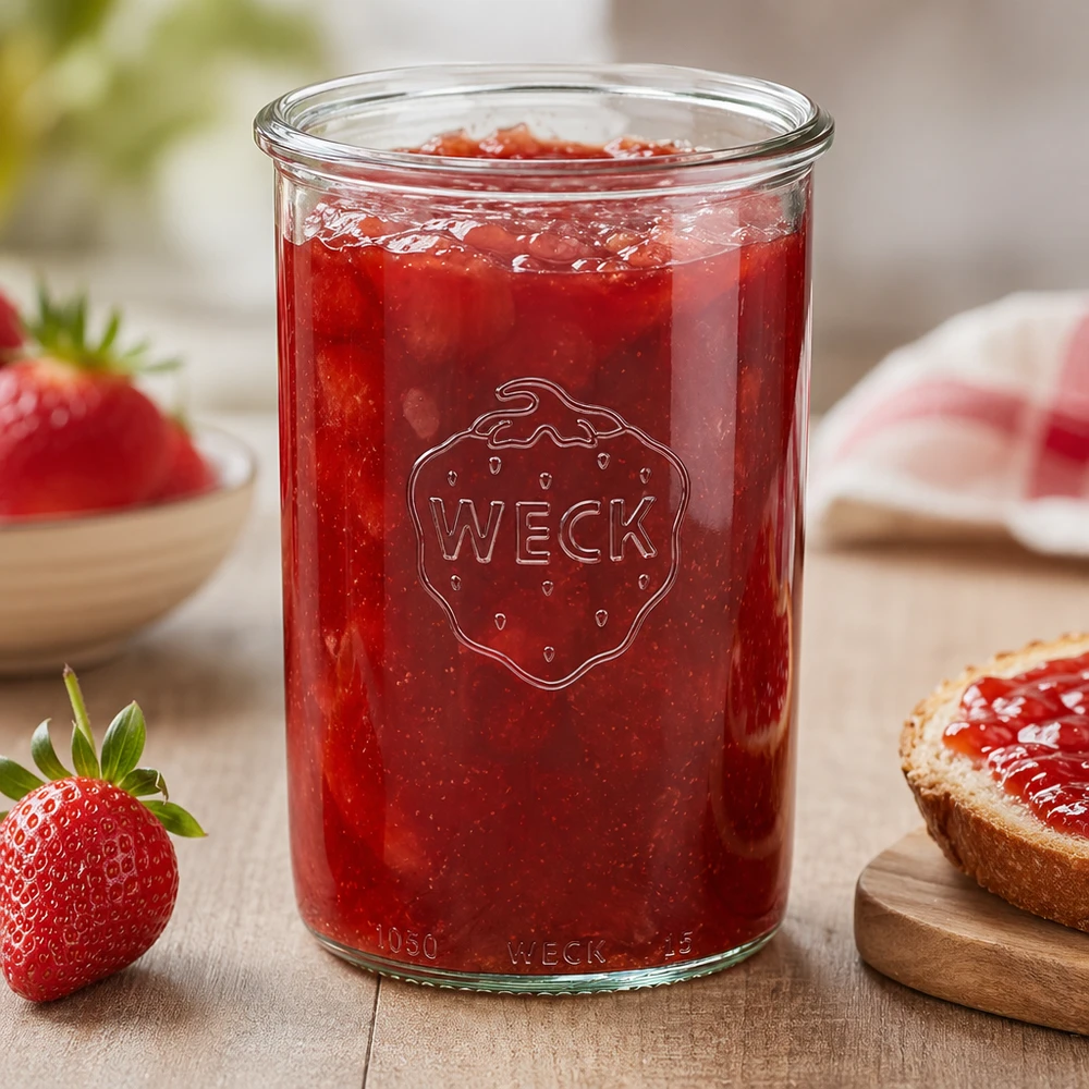 WECK RR100-pot van 1000 ml WECK 1000ml RR100 pot gevuld met aardbeienjam op een houten tafel met verse aardbeien en brood