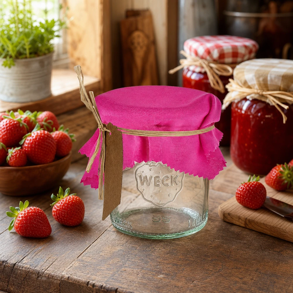 Stoffen lapje voor deksel roze 12cm hoekig Roze decoratieve doily 12cm vierkant op inmaakpot in rustieke keuken met verse aardbeien en jampotten