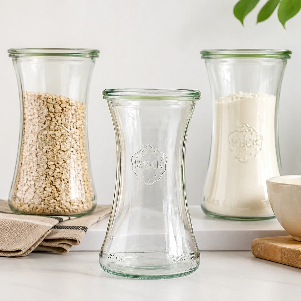 WECK RR60 pot 200ml in keukensfeer met gevulde voorraadpotten en natuurlijke decoratie op een wit werkblad