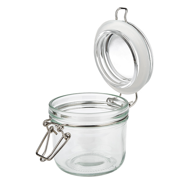 200 ml voorraadpot type S met scharnierende top UN. Compact glazen potje van 200 ml met metalen handvat en rubberen afdichting voor luchtdicht bewaren
