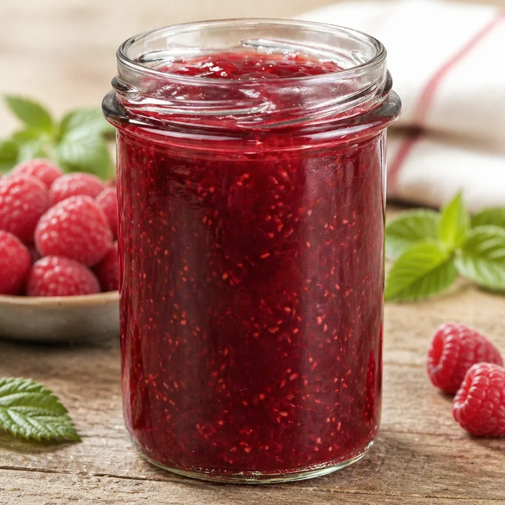 230ml beker zonder deksel (TO66) UNiTWIST UNiTWIST bekers 230ml TO66 gevuld met rode jam, omringd door verse frambozen en groene bladeren