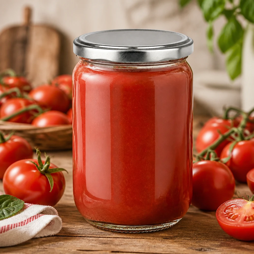 UNiTWIST-glazen pot van 555 ml met tomatenpuree en een zilveren BasicSeal-deksel op een houten onderzetter