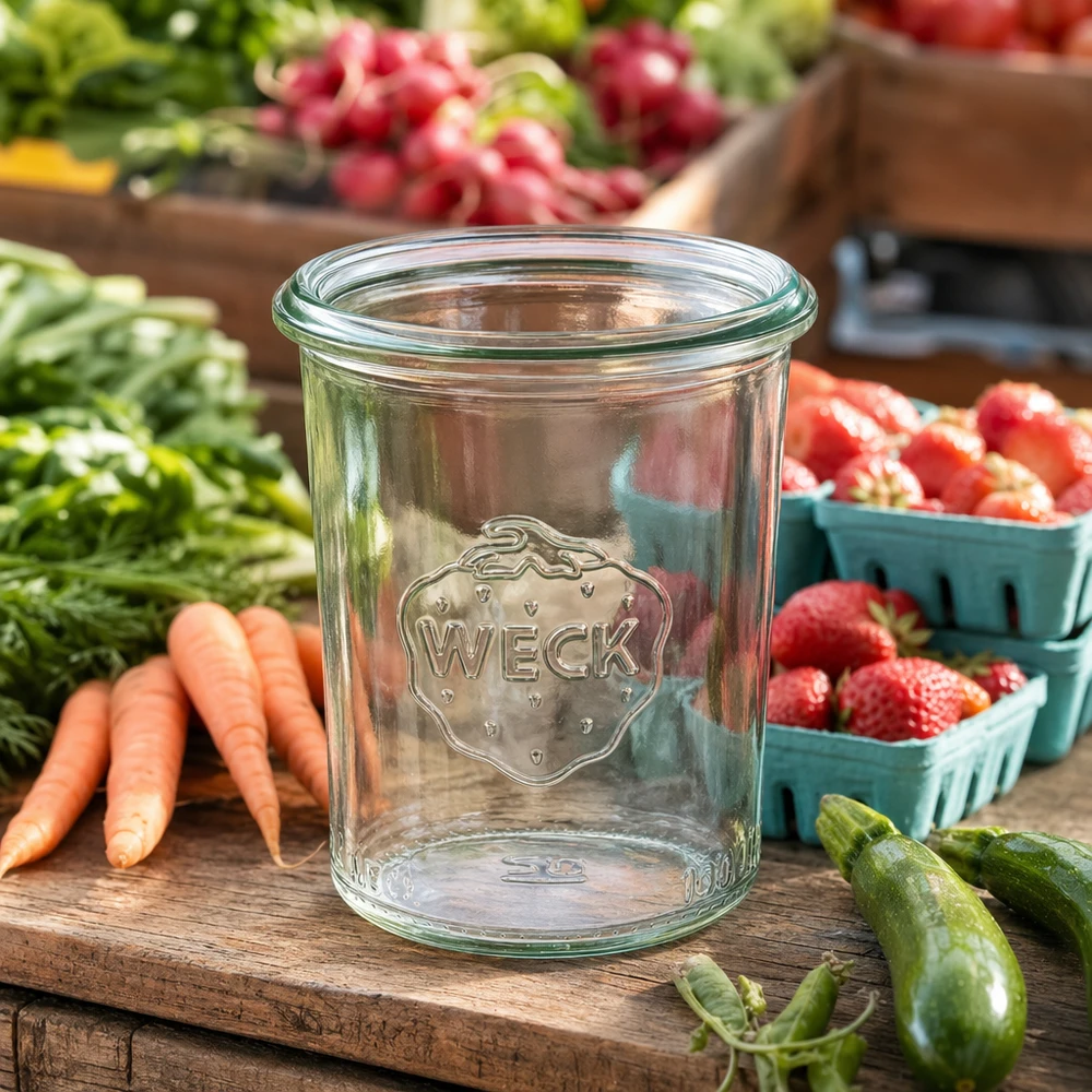 160ml stortglas WECK RR60 160ml WECK helder glazen bekers RR60 op een houten tafel omringd door vers fruit en groenten