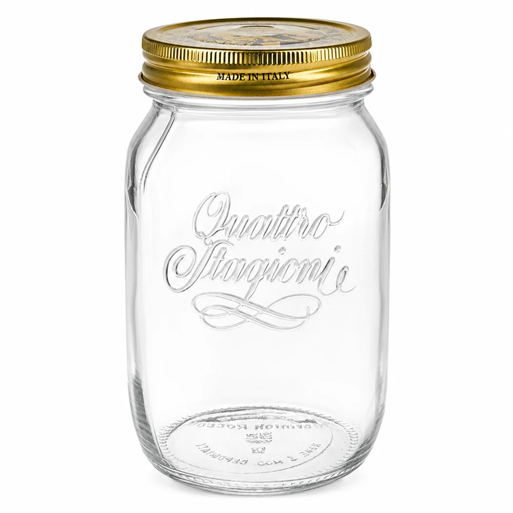1000 ml rond glas "Quattro Stagioni" met deksel 1000ml Quattro Stagioni ronde pot met gouden schroefdeksel Made in Italy inmaakpot leeg