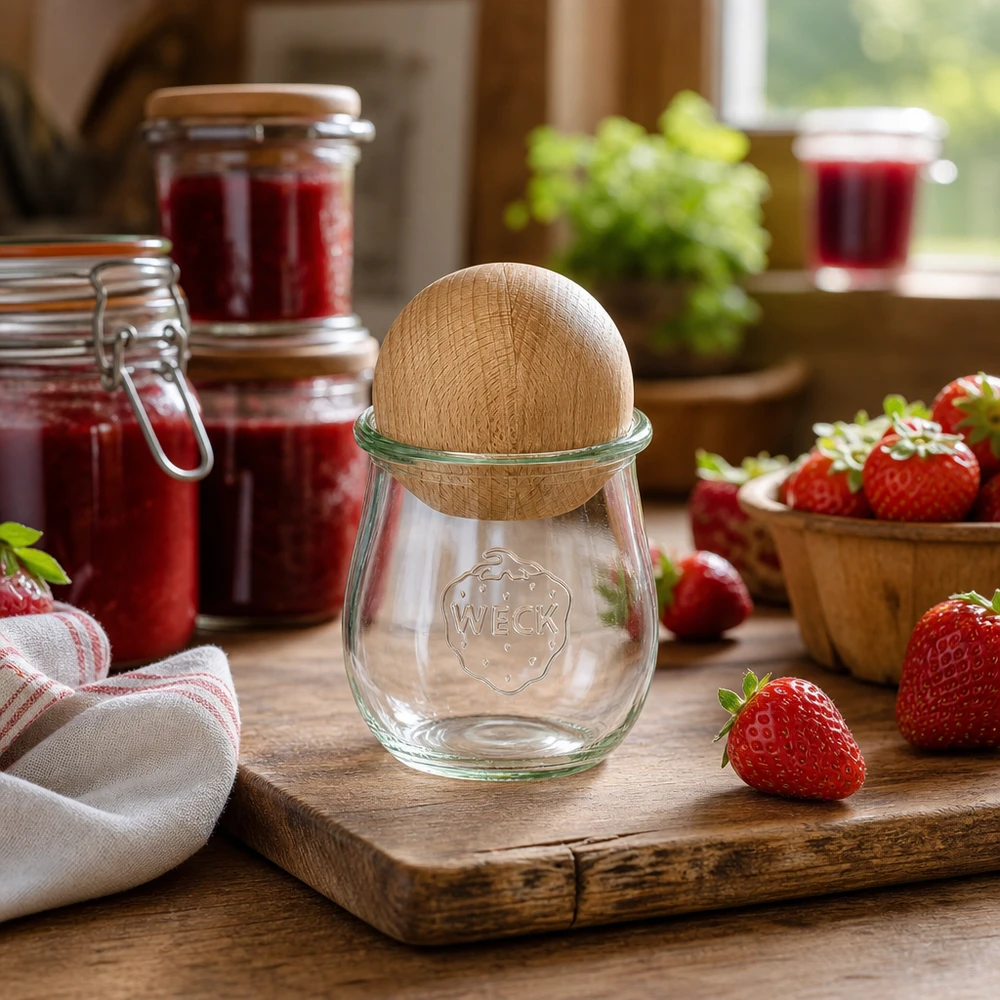 220ml tulpenglas WECK RR60 met houten bal WECK tulpenpot RR60 220ml in rustieke keuken met aardbeien en jampotten, beuken bol deksel detail