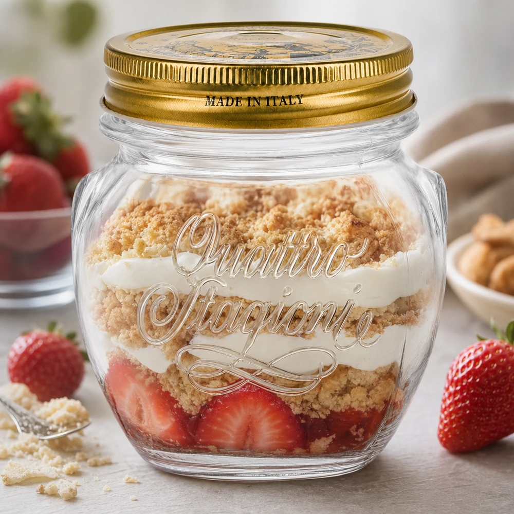 300 ml rond glas "Quattro Stagioni" met deksel Quattro Stagioni 300ml rond glas met gouden deksel gevuld met een gelaagd dessert van aardbeien en hagelslag Made in Italy