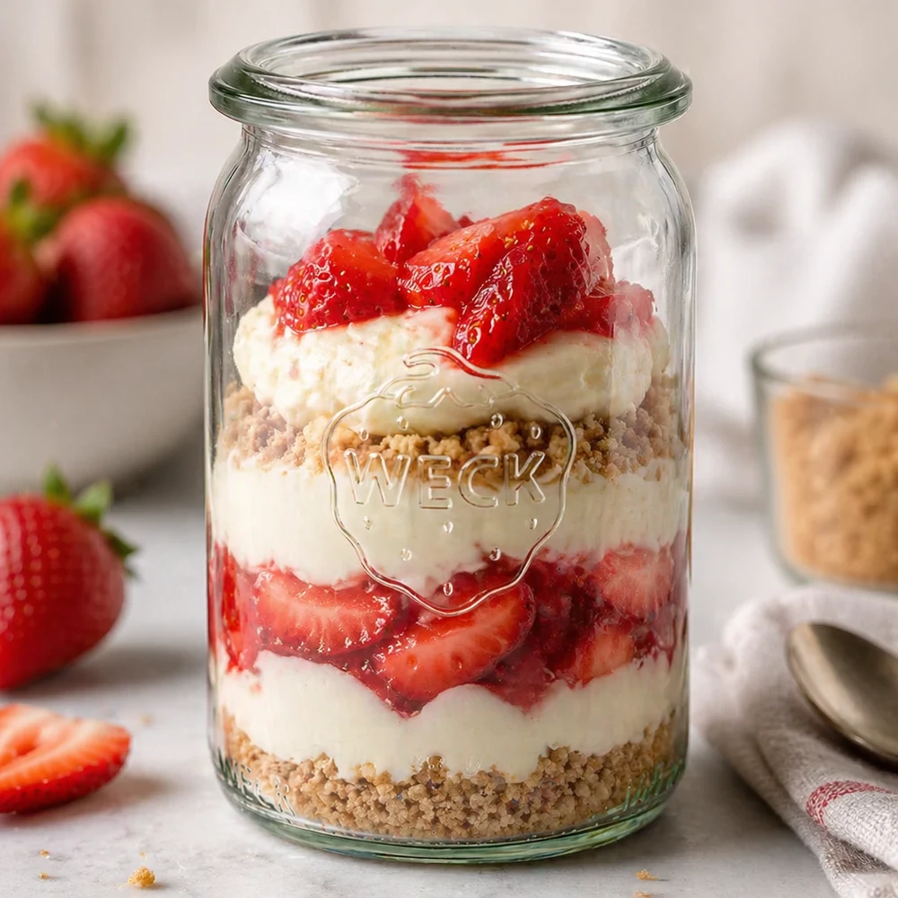 145ml cilinderglas WECK RR40 WECK RR40 cilindervormige pot 145ml als dessertpot met aardbeien, slagroom en hagelslag gelaagd op aanrecht