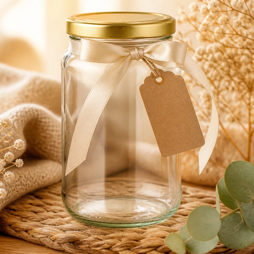 1700ml rond glas met BasicSeal deksel goud UNiTWIST 1700ml Rundglas mit goldenem BasicSeal Deckel dekorativ arrangiert mit Schleife und Anhänger als Geschenkidee
