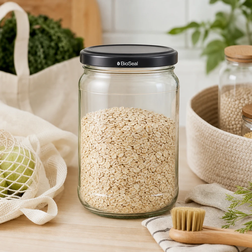305ml rond glas met BioSeal deksel zwart UNiTWIST UNiTWIST Runda305 Vorratsglas mit Haferflocken gefüllt zeigt praktische Küchenorganisation mit schwarzem BioSeal Deckel