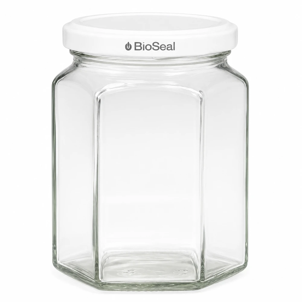 288ml hexaglas met BioSeal deksel wit UNiTWIST UNiTWIST Hexa288 zeshoekige inmaakpot met wit TO63 BioSeal deksel voor jam en conserven