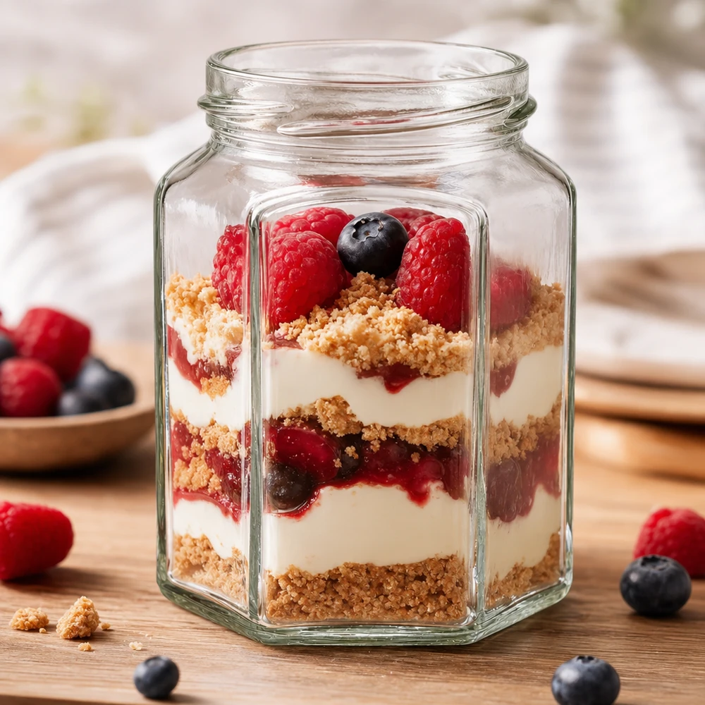288ml hexaglas zonder deksel (TO63) UNiTWIST Sechseckiges Einmachglas 288ml mit Dessert-Schichtung aus Beeren und Creme - perfekt für Mason Jar Rezepte und Aufbewahr
