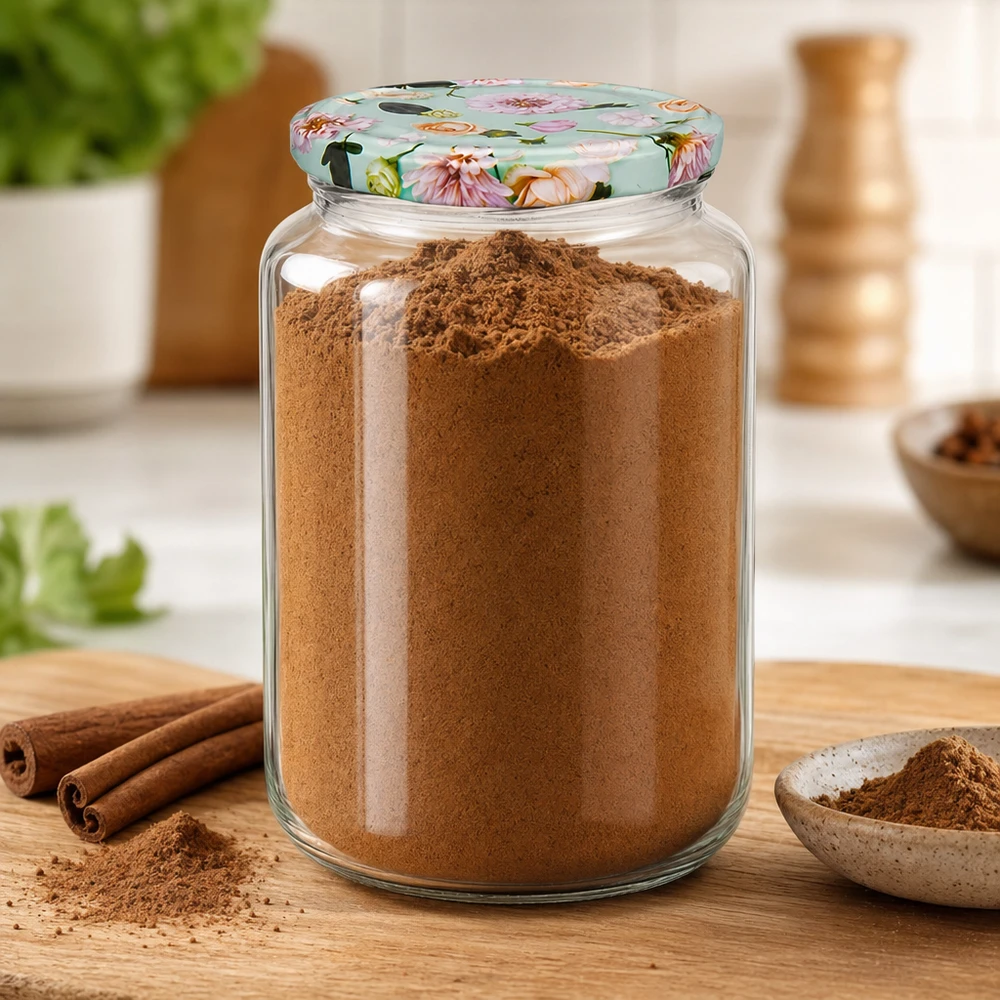 Ronde pot van 795 ml + BasicSeal-deksel met muntbloem UNiTWIST 795 ml ronde pot met deksel van muntbloem gevuld met kaneelpoeder, kaneelstokjes en schaal op houten plank ernaast
