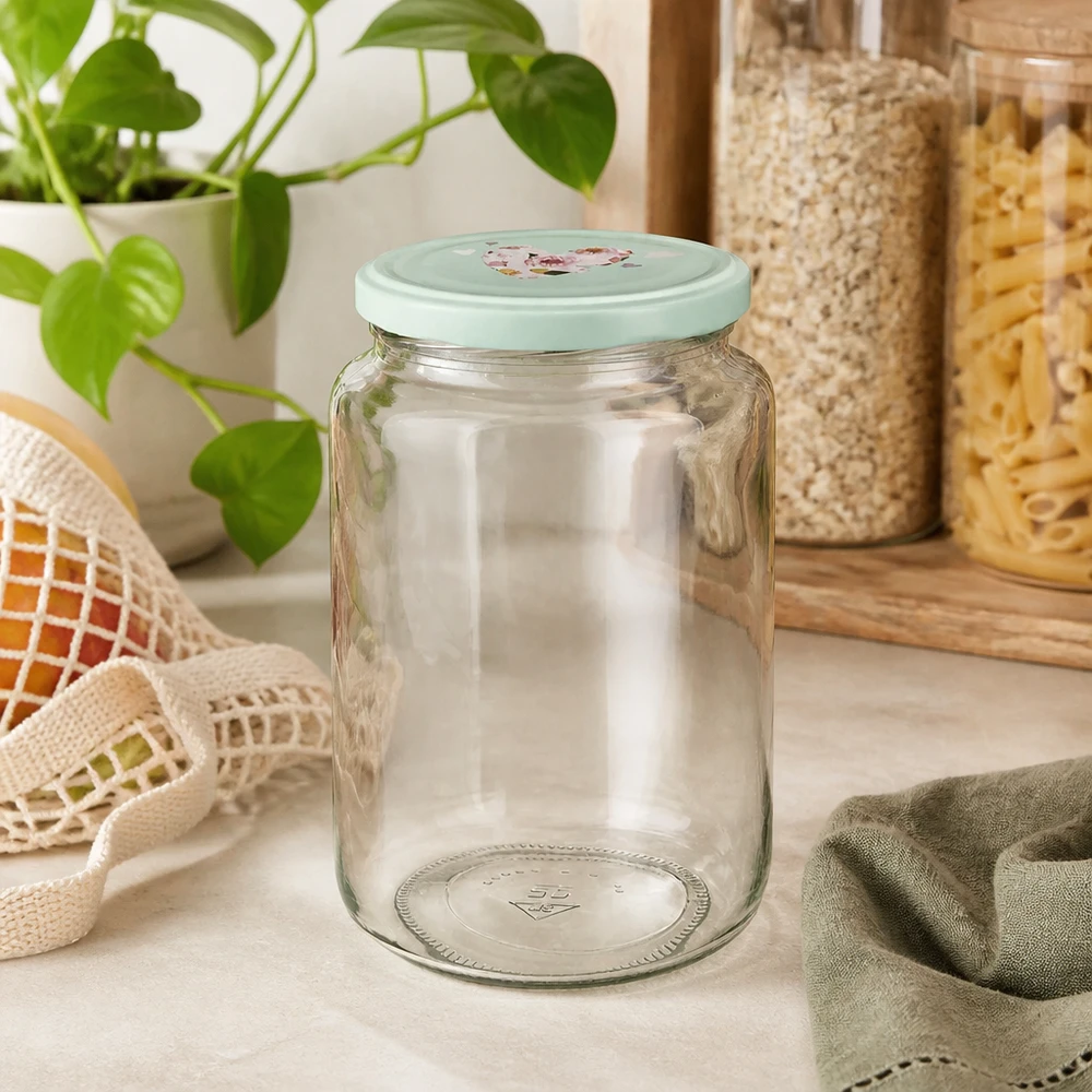Ronde pot van 795 ml + BasicSeal-deksel met munt hart UNiTWIST 795 ml ronde pot met mint BasicSeal hartvormige deksel op aanrecht naast voorraadpotten en groene plant