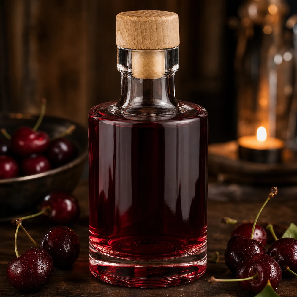 100 ml glazen fles Marie met houten kurk UNiTWIST® 100ml Glasflasche Marie mit Holzkorken gefüllt mit Kirschlikör umgeben von frischen Kirschen bei warmem Kerzenlicht