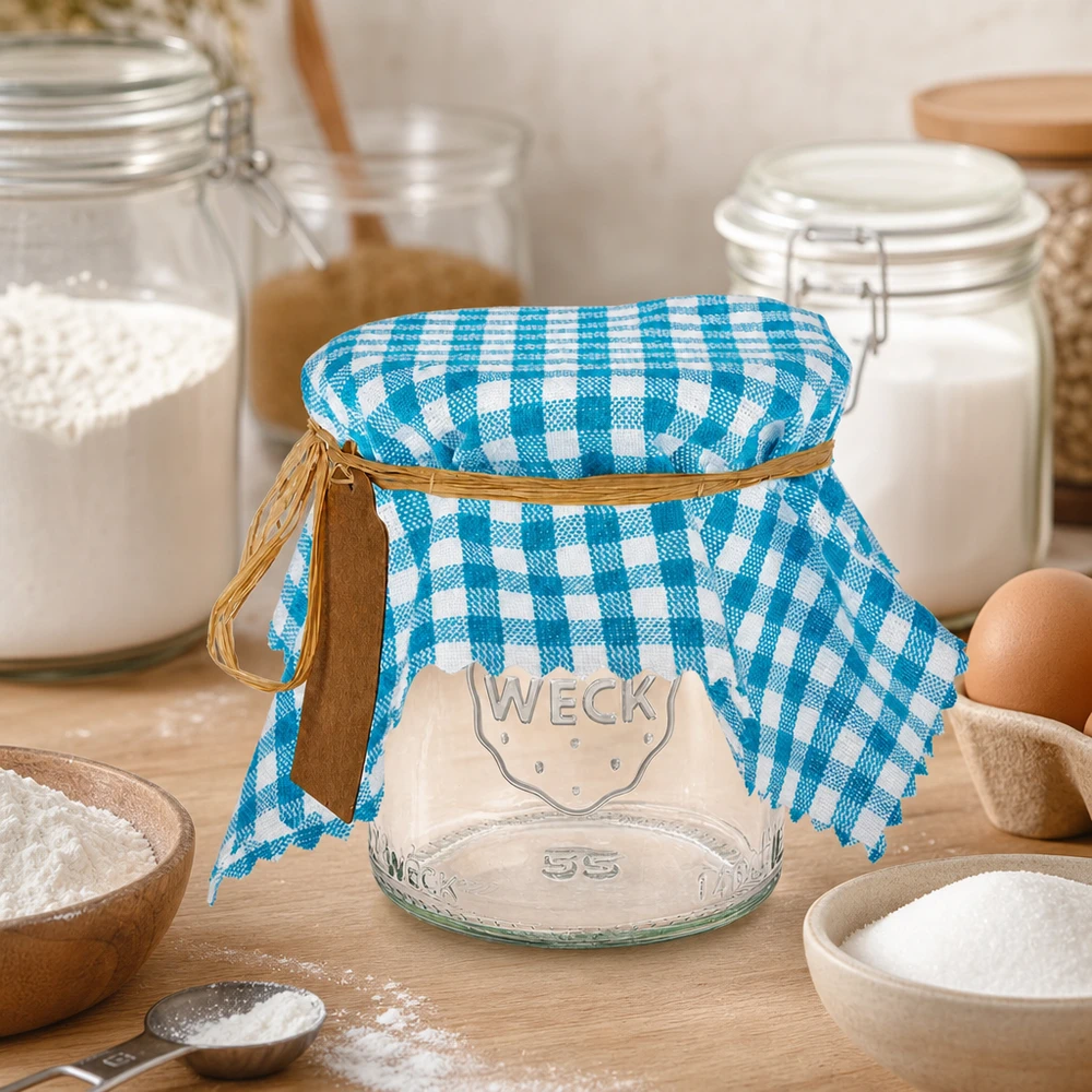 Stoffen lapje voor deksel turquoise geruit 15cm hoekig Turquoise geruite stoffen onderlegger in keuken met pot, bloem en bakingrediënten als keukengerei