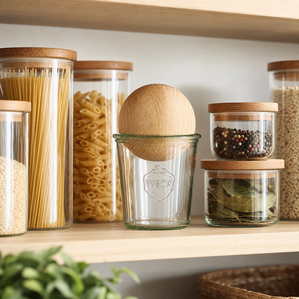 290ml stortglas hoge WECK RR80 met houten bal WECK pot 290ml RR80 met beukenhouten bol in georganiseerde voorraadkast tussen kruiden- en pastabakjes