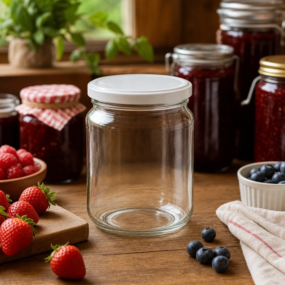 212ml UNiTWIST ronde pot leeg met BasicSeal deksel in jamkeuken met aardbeien bosbessen inmaakpotten