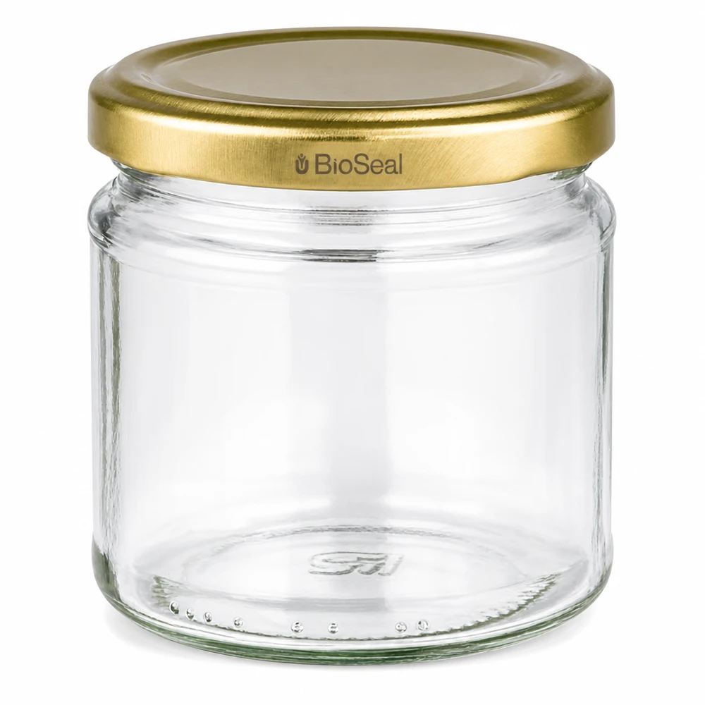 212ml rond glas met BioSeal deksel goud UNiTWIST Lege ronde pot 212ml met gouden TO66 BioSeal schroefdeksel voor jam en conserven