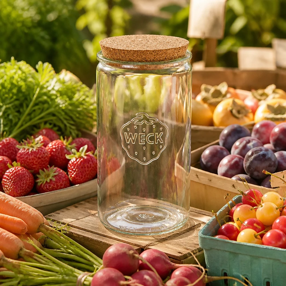 1590ml cilinderglas WECK RR100 met kurk WECK cilinderpot 1590ml RR100 leeg met kurken deksel omringd door vers fruit en groenten op een houten basis