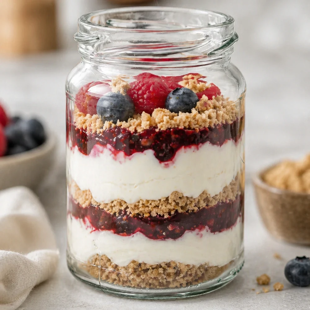 205ml rond glas zonder deksel (TO58) UNiTWIST UNiTWIST Runda205 ronde pot 205ml met gelaagde yoghurt bessen dessert en hagelslag TO58 inmaakpotje