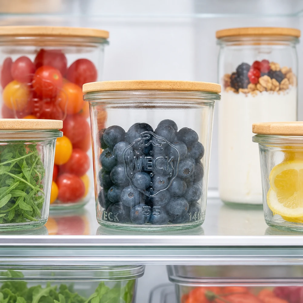 WECK 140ml RR60 bekers met bosbessen in de koelkast tonen optimale versheid en bewaring van fruit