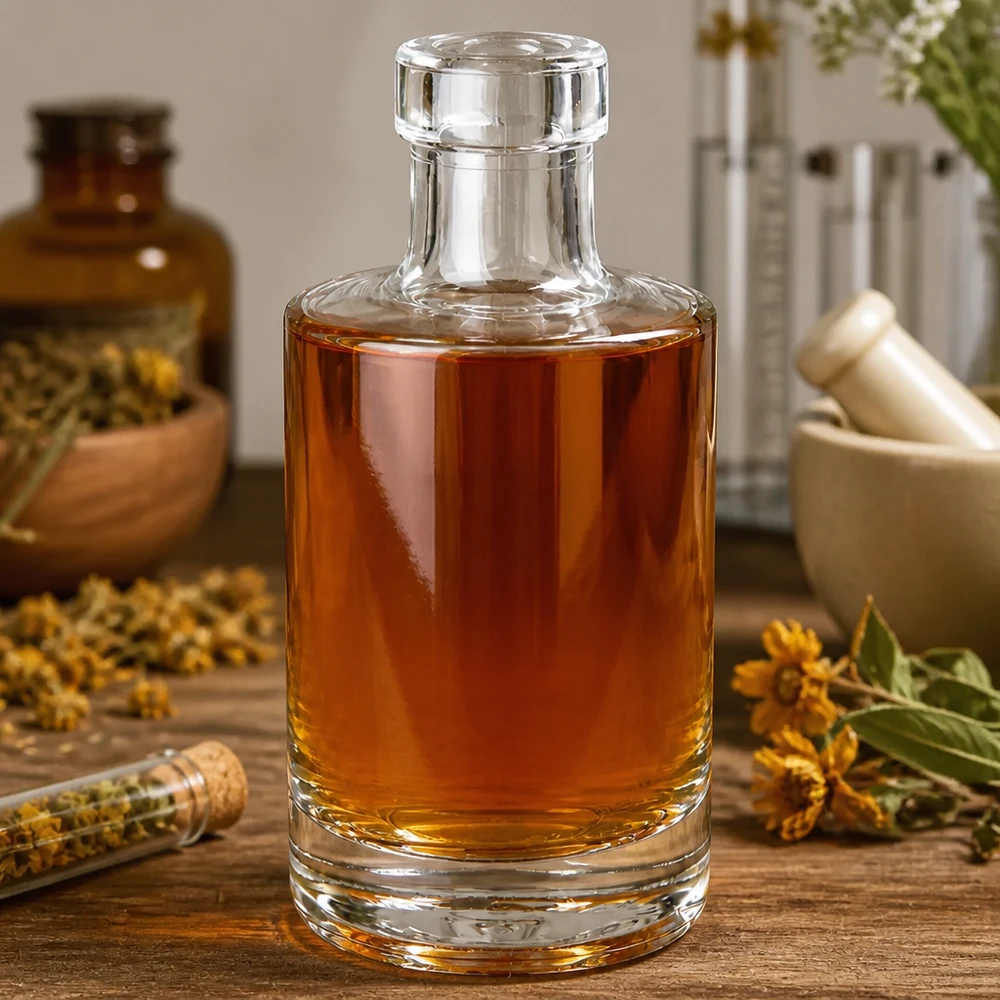 200 ml glazen fles Marie gevuld met amberkleurige olie apothekersstijl met gedroogde geneeskrachtige kruiden natuurlijke aroma's