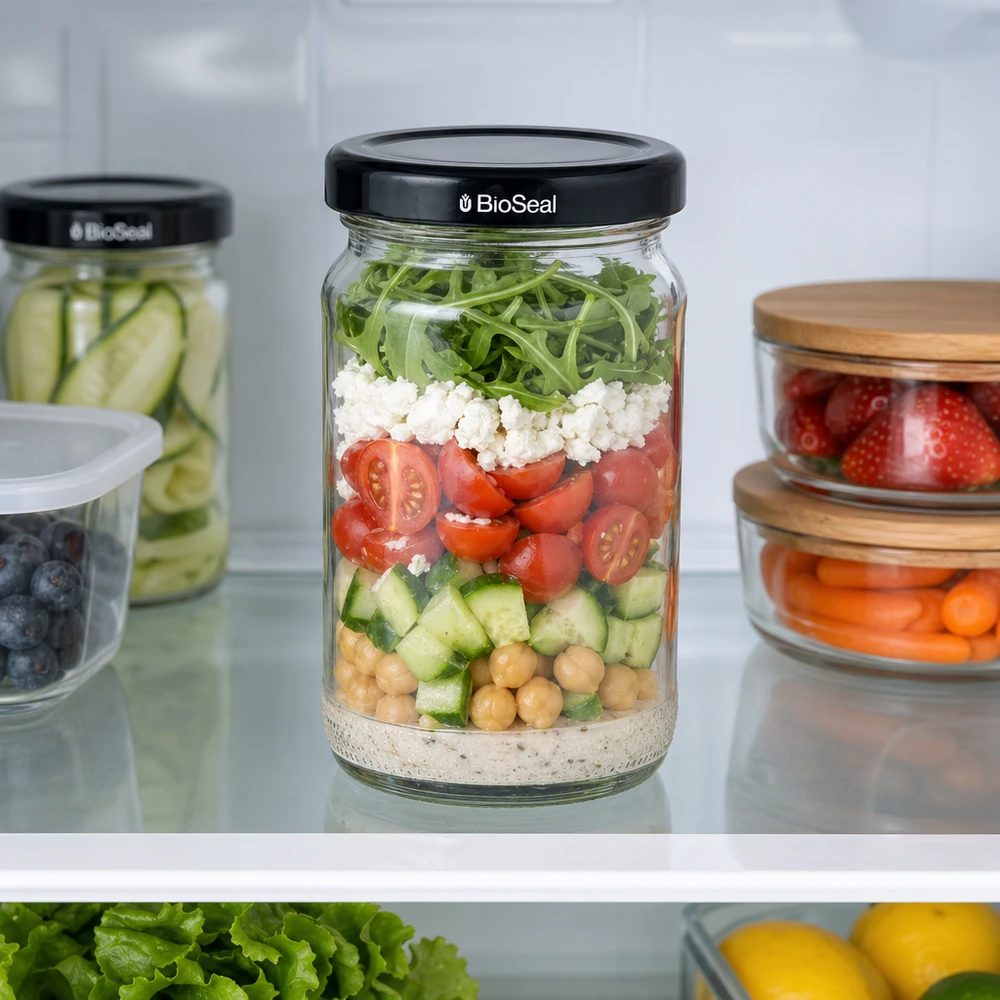 110ml rond glas met BioSeal deksel zwart UNiTWIST UNiTWIST Runda110 gelaagde salade in de koelkast met zwart TO48 BioSeal deksel - Meal prep pot voor verse ingrediënten