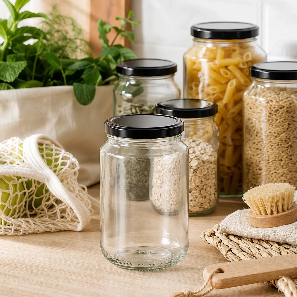 375ml ronde pot met zwart deksel in een duurzame keukenomgeving tussen voorraadpotten met pasta en ontbijtgranen