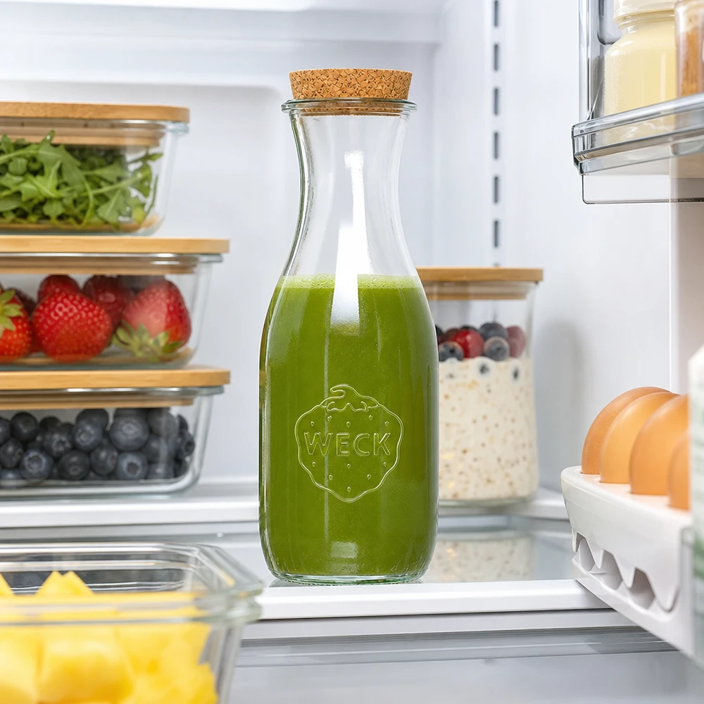 WECK sapfles 1062ml met groene smoothie in de koelkast tussen vershoud- en bewaarcontainers