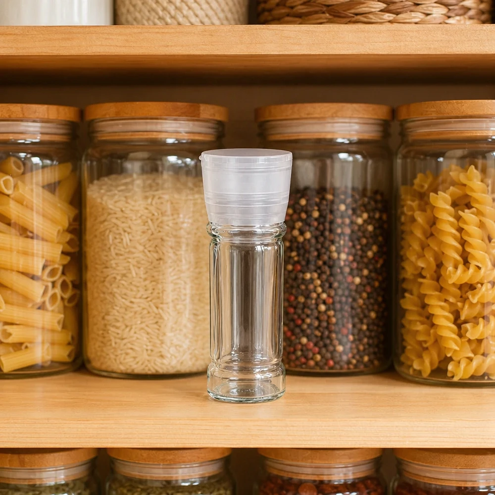 Zout-/kruidenpotje 100 ml met molen Vario wit Kruidenpotje 100 ml Mühle Vario wit in de voorraadkast naast fusilli, penne en peperkorrels